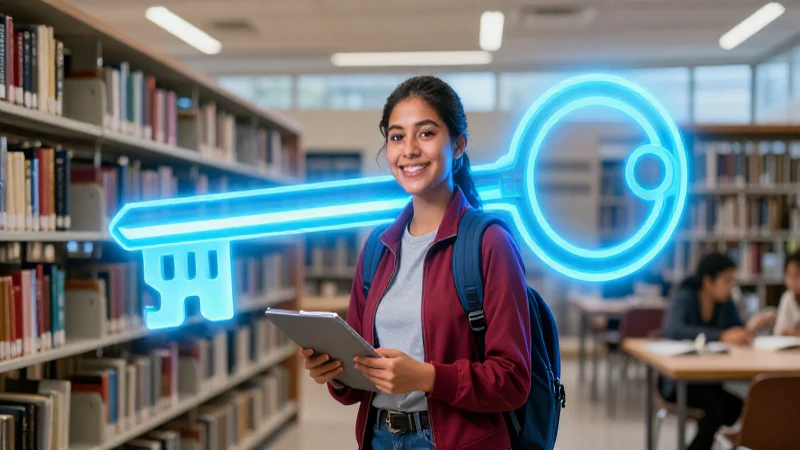 Estudiante mexicano con llave digital en biblioteca moderna