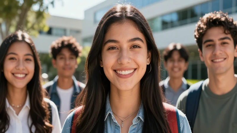 Estudiante mexicana sonriente en campus vibrante