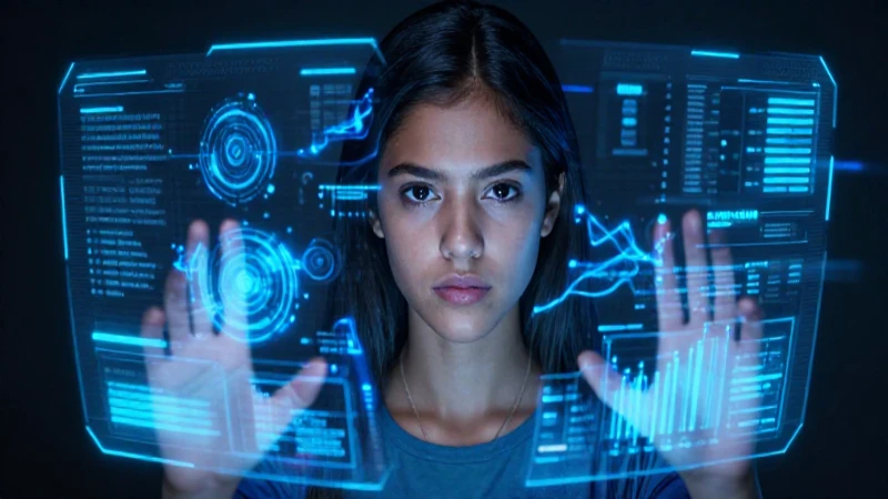 Joven mexicana con mirada enfocada y energía digital