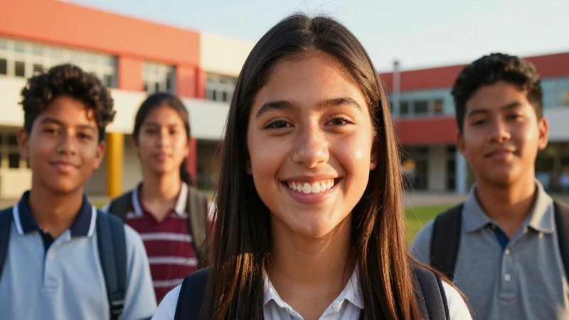 Joven mexicana sonriente en campus, luz dorada