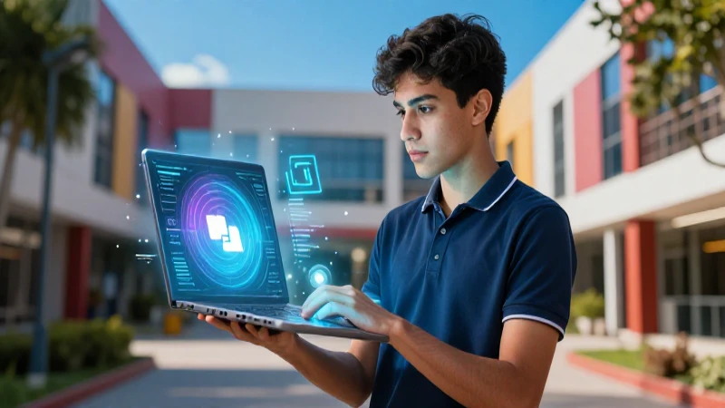 Joven estudiante mexicano con laptop de aprendizaje