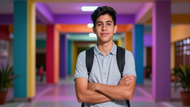 Joven mexicano, optimista en campus vibrante