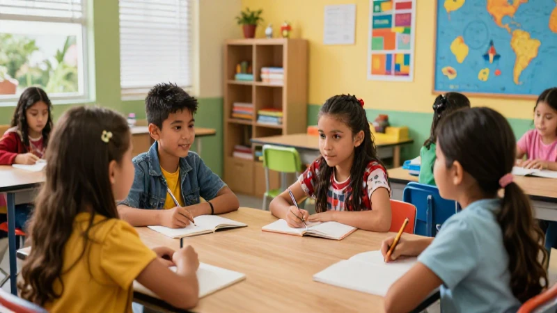 Niños mexicanos aprendiendo en un salón brillante