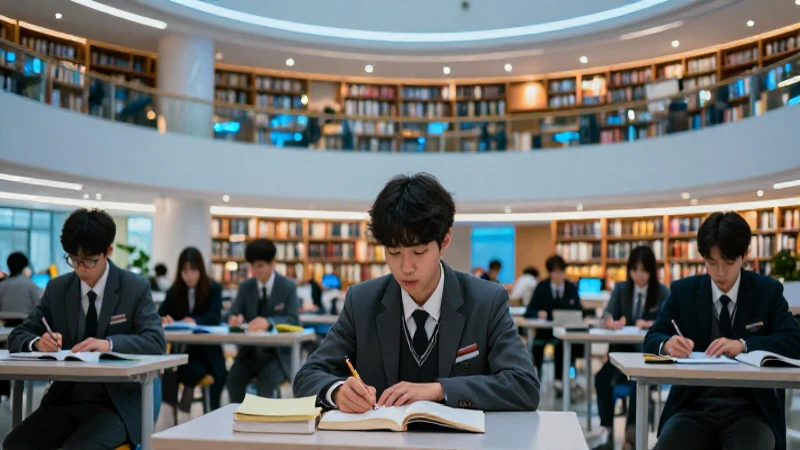 Estudiante asiático en campus coreano futurista
