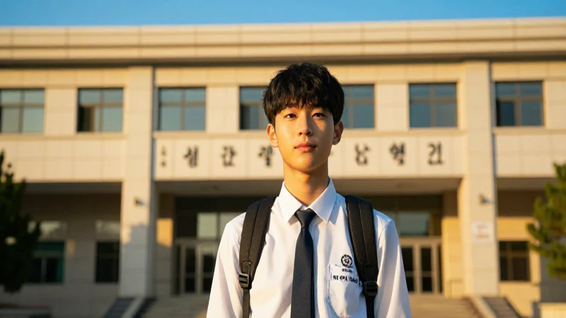 Estudiante coreano en escuela moderna al atardecer