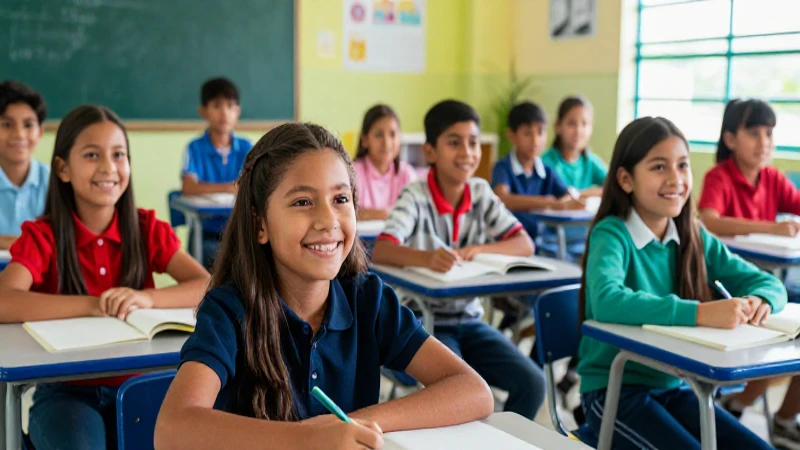 Niños mexicanos sonrientes en aula moderna
