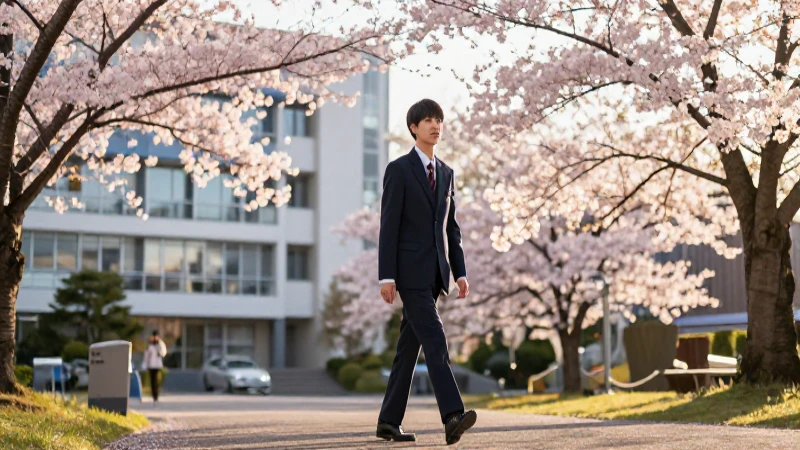Estudiante japonés en campus bajo luz dorada