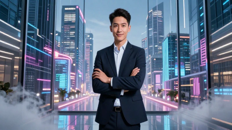 Joven profesional con estilo en ciudad futurista