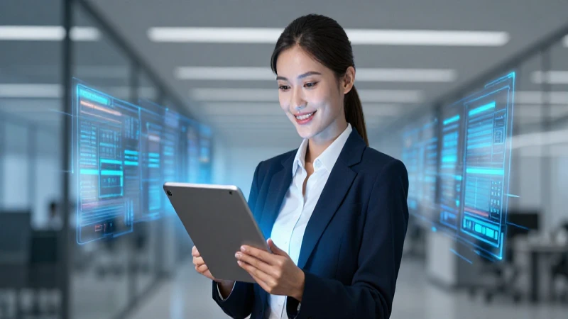 Mujer profesional con tablet y datos holográficos