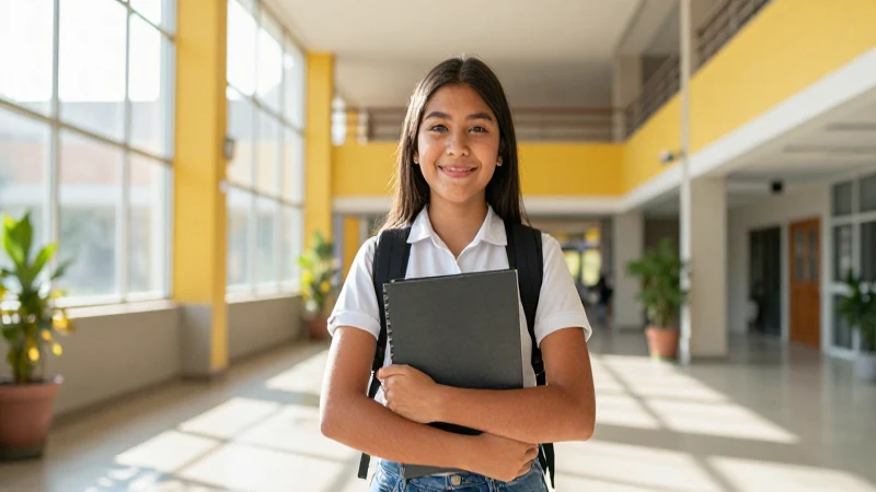 Estudiante mexicano radiante en universidad moderna