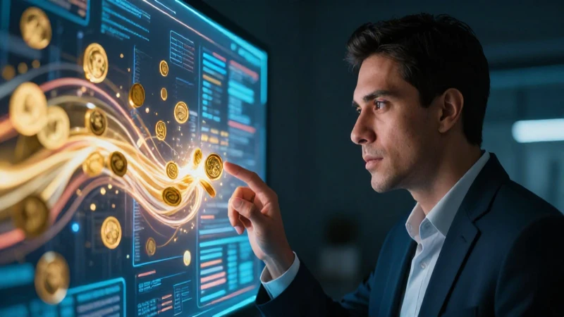 Hombre mexicano mira interfaz digital dorada