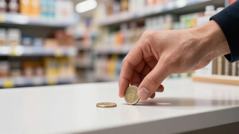 Mano coloca moneda brillante sobre encimera