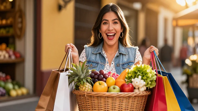 Mujer mexicana feliz con compras vibrantes