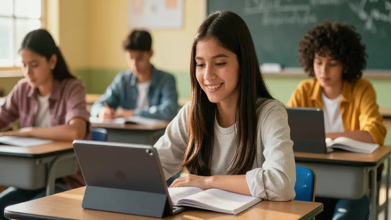 Estudiante mexicano sonriendo en aula moderna