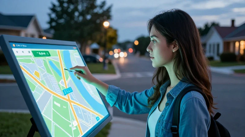 Mujer buscando en calle con GPS brillante