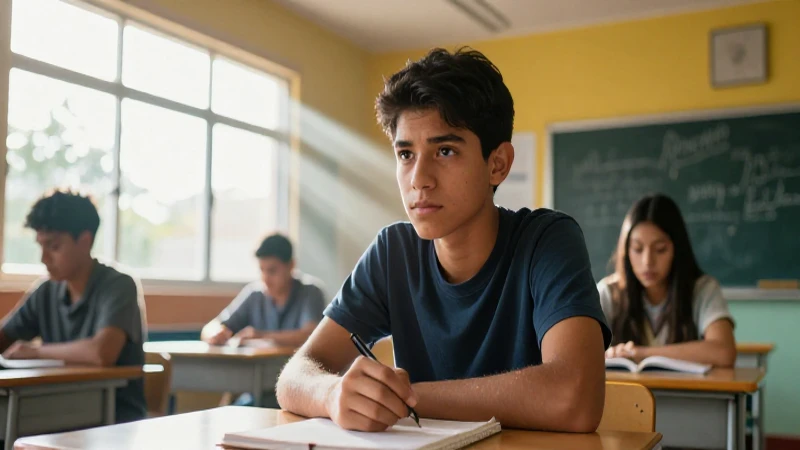 Estudiante concentrado en aula moderna y luminosa