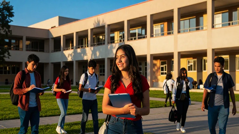 Estudiante mexicano en campus moderno con estilo cinematográfico