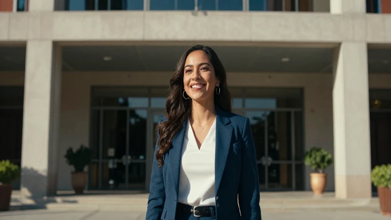 Mujer mexicana sonriente ante arquitectura moderna