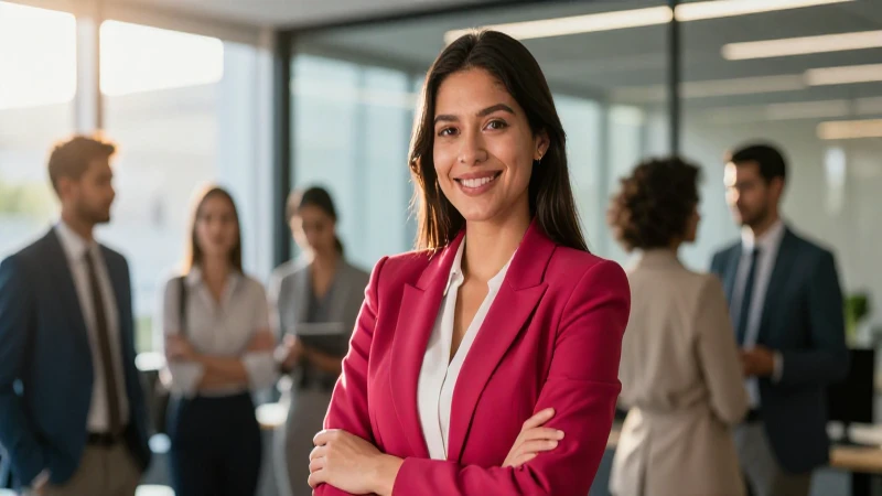 Joven profesional mexicano sonriente en entorno corporativo moderno
