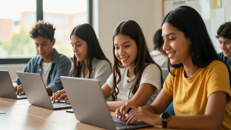 Estudiantes mexicanos colaboran felices con tecnología moderna
