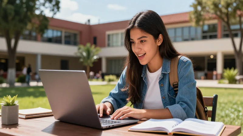 Joven estudia online en campus universitario
