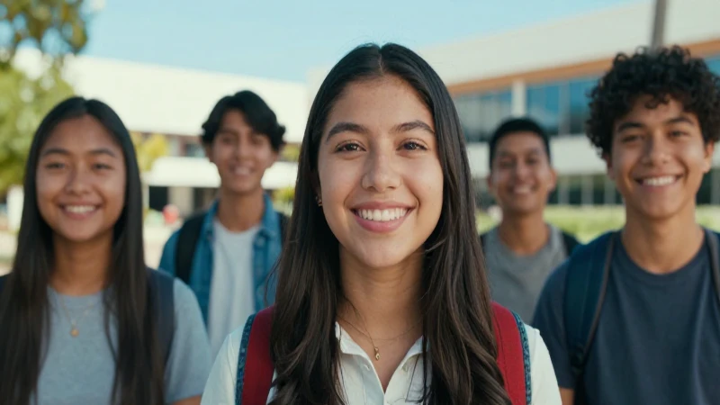Estudiante mexicana sonríe en campus moderno