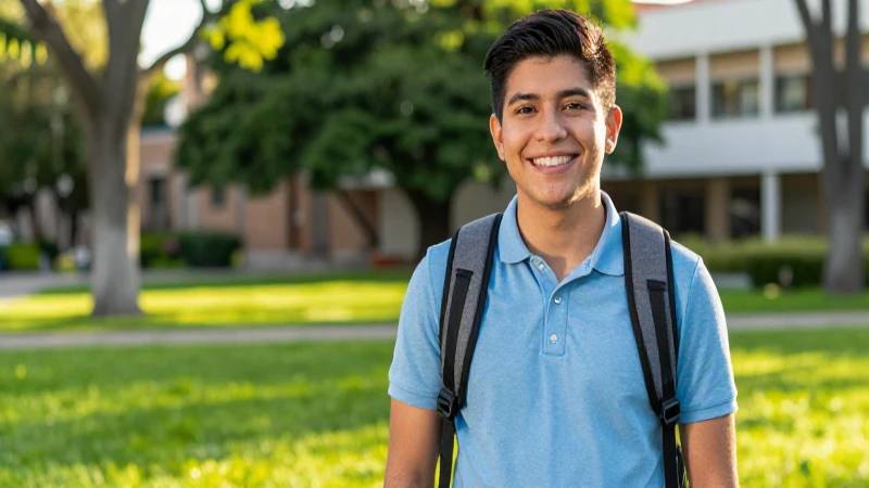 Joven mexicano sonríe en vibrante campus universitario
