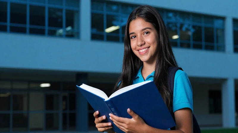 Estudiante mexicano sonriente sostiene libro en campus moderno