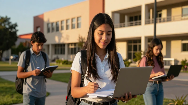 Estudiante mexicano en campus, luz dorada y vibrante