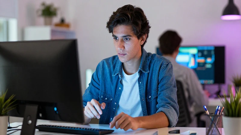 Estudiante mexicano enfocado en pantalla brillante