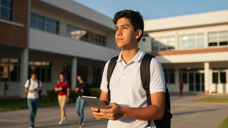 Estudiante mexicano universitario, luz dorada y enfoque nítido