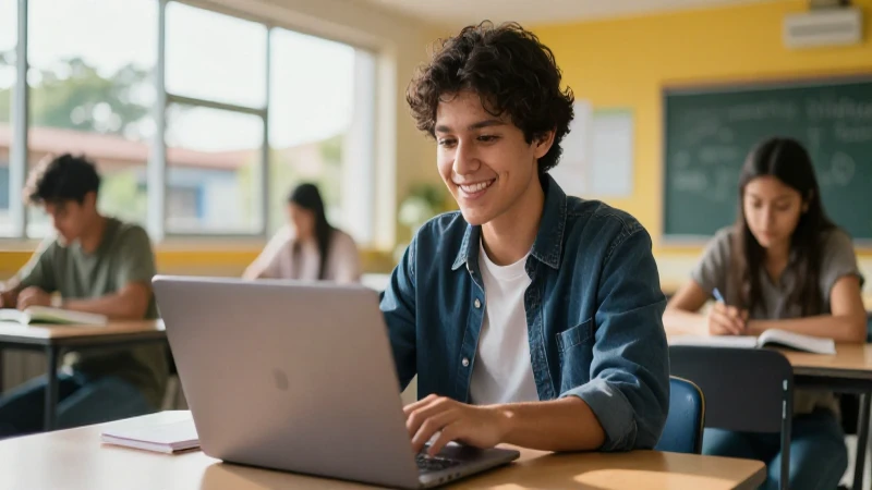 Estudiante mexicano sonriente con portátil en clase moderna