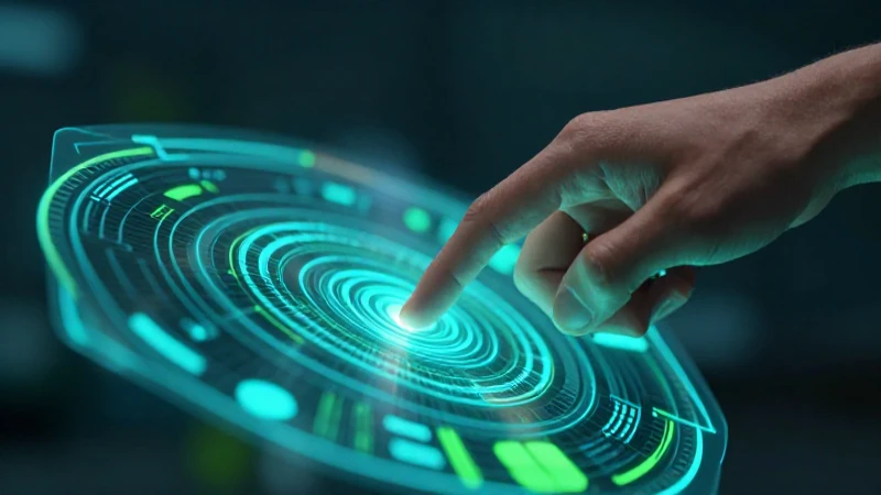 Mano interactúa con un holograma ciberfuturista