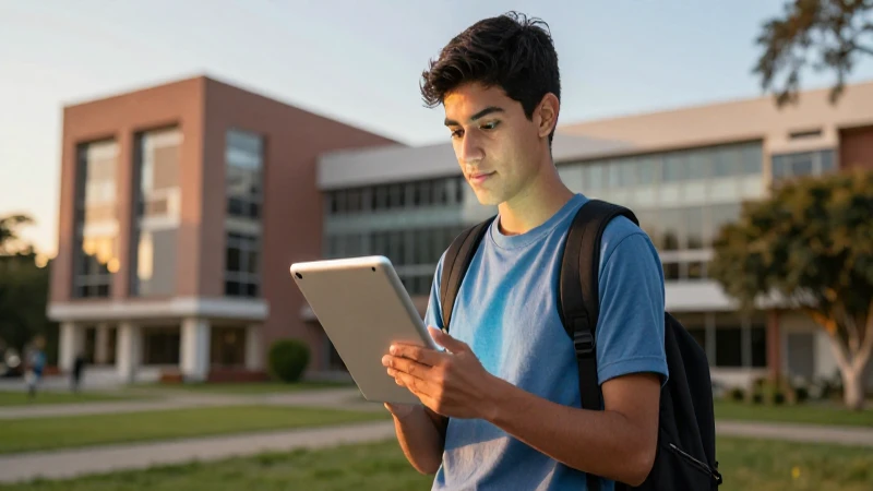 Joven mexicano en universidad moderna con tableta