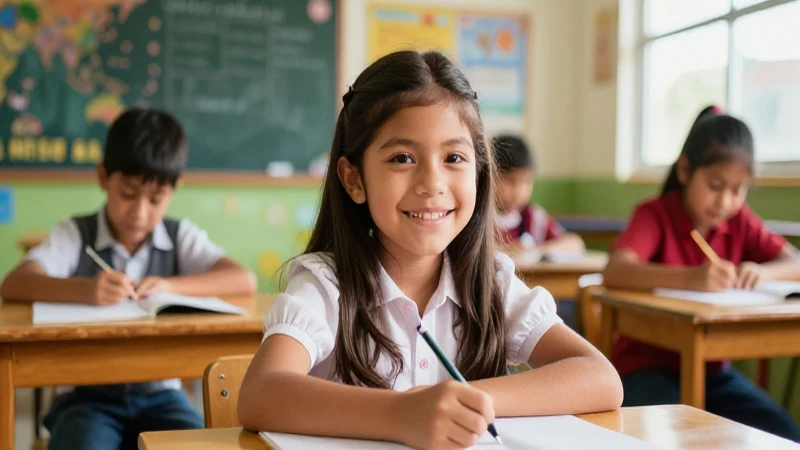 Niño sonriente en moderno aula mexicana