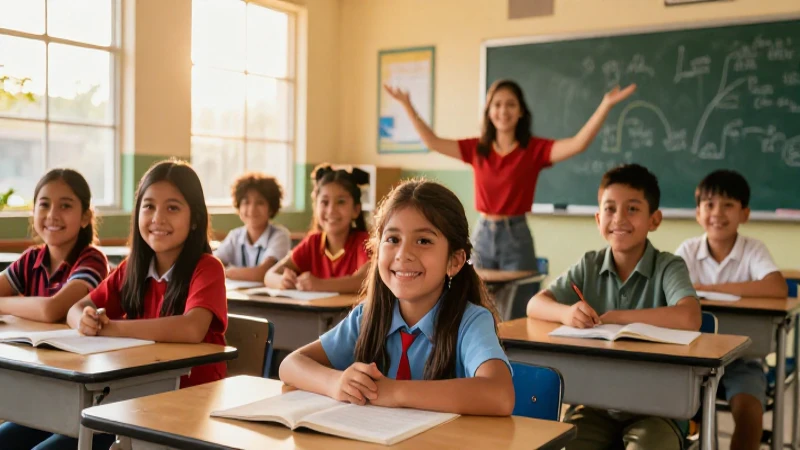 Niños mexicanos alegres en aula moderna