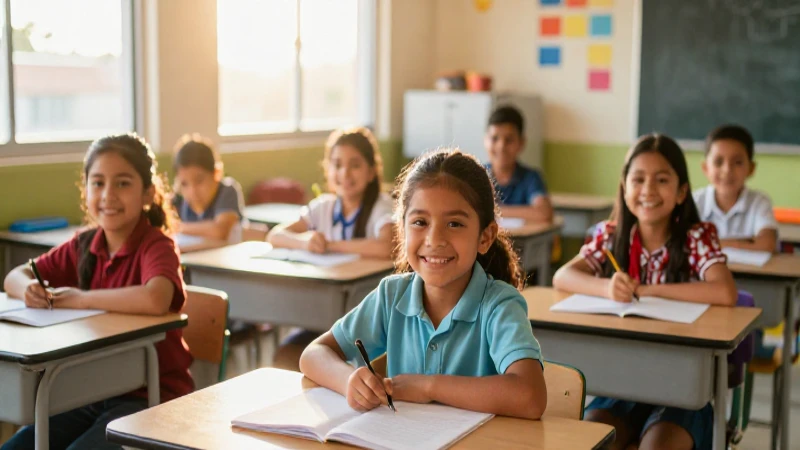 Niños mexicanos sonriendo en su aula con luz dorada