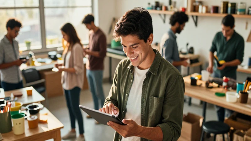 Joven mexicano sonriente trabaja en taller moderno