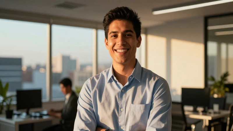 Hombre mexicano sonriente en oficina moderna con luz dorada