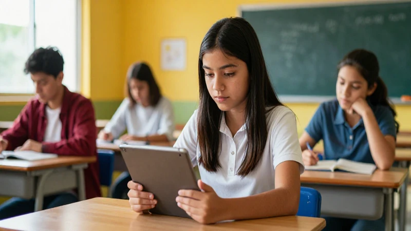 Estudiante mexicano moderno con tableta en aula