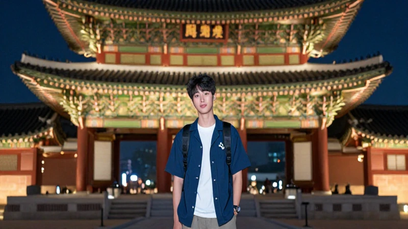 Joven estudianza en puerta palacio coreano