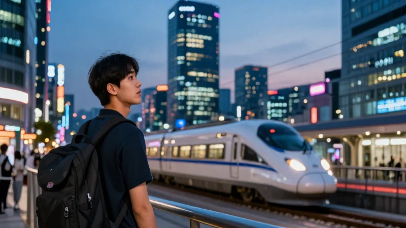 Joven viajero en neón de Seoul