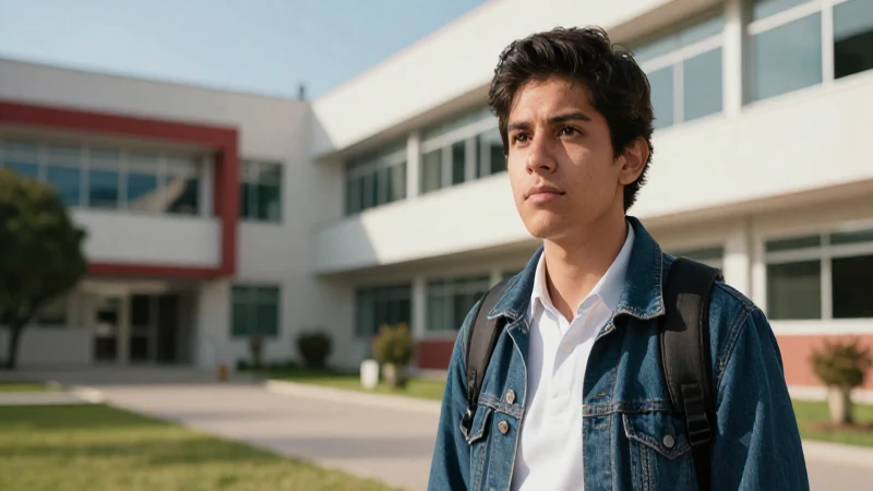 Estudiante mexicano en campus moderno con luz cinematográfica