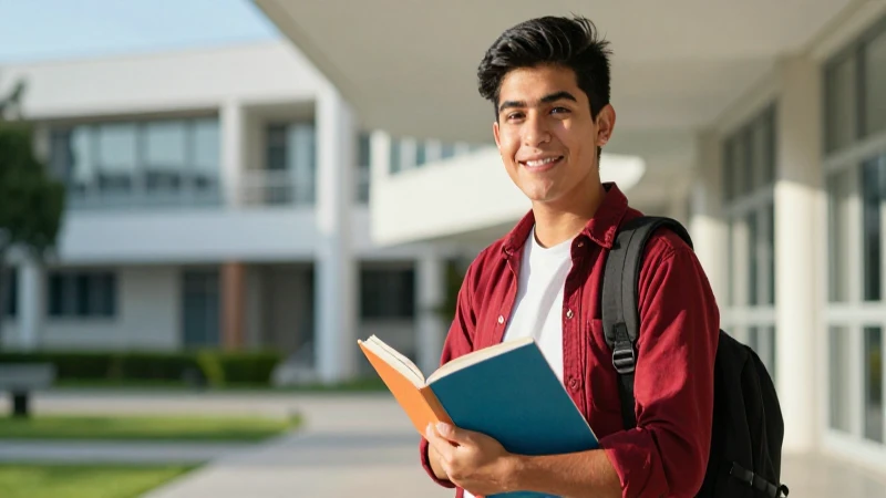 Estudiante sonriente en campus, fotografía profesional vibrante