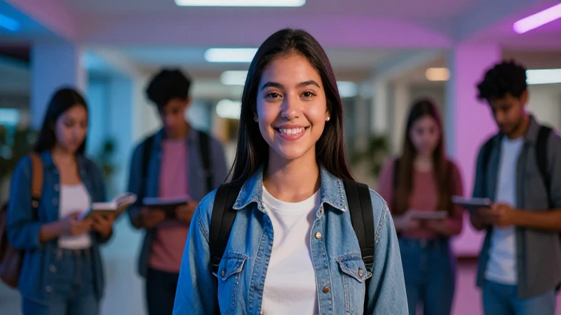 Estudiante mexicano sonriente en moderno campus