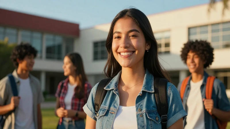 Estudiante mexicano sonríe en campus moderno y vibrante