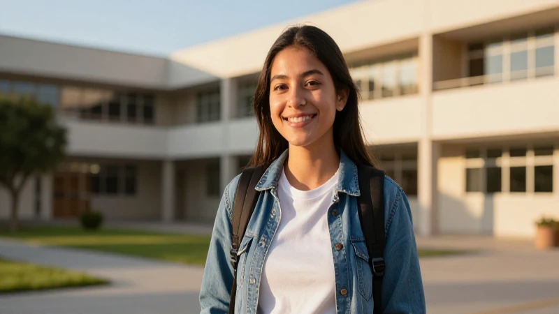 Joven mexicana en campus moderno, luz dorada