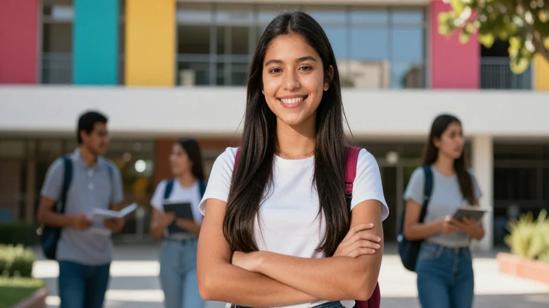 Estudiante mexicana sonríe en campus moderno