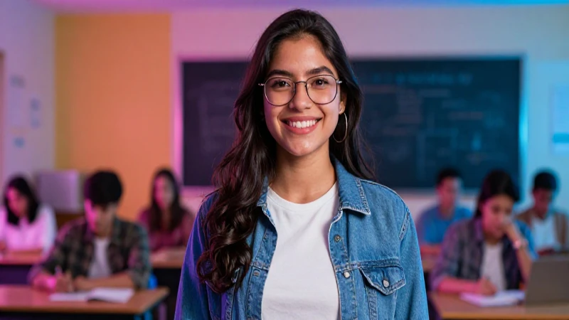 Joven exitoso mexicano en aula moderna