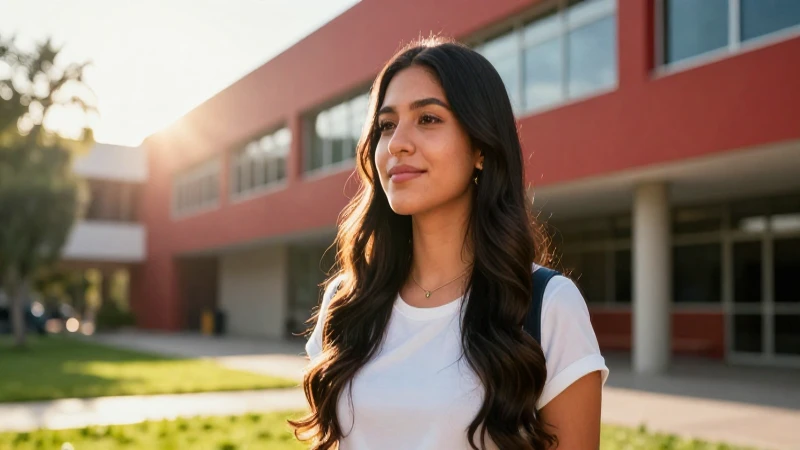 Estudiante mexicana vibrante en campus con luz dramática